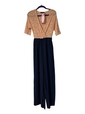 LAC BLEU pink lace top and navy blue wide leg bottom office jumpsuit size medium
